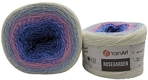 YarnArt Rosegarden Ullnystan, 500 gram, färggradient, 100 % bomull, stickylle, flerfärgad (vit rosa blå 301)