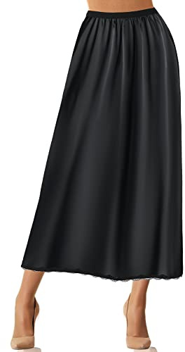 Jadive Falda Larga de satén para Mujer, con Encaje, para Vestidos, lencería, Falda Larga, Negro, XXL