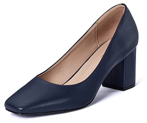 GENSHUO Décolleté Neri da Donna con Tacco Basso e Blocco Tacchi Alti Lisci e Grossi 7 cm/2.76 Pollici Scarpe da Lavoro con Punta Quadrata Scarpe con Tacco da Donna con Tacco Spesso, Blu Navy, 41 EU