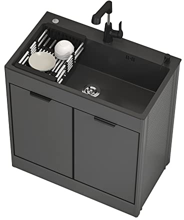 Fregadero de Acero Inoxidable con Patas Exterior Negro para Jardín, Lavadero Portátil con Grifo y Desagüe - Estación de Trabajo para Cocina y Lavandería