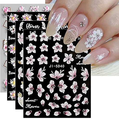 JMEOWIO 3D Nagelsticker Frühling Blume Nail Art Sticker Selbstklebend Nagelaufkleber 5D Stereoskopisch Buntes Sommer Blumen Dekoration Nageldesign Zubehör 4 Blatt