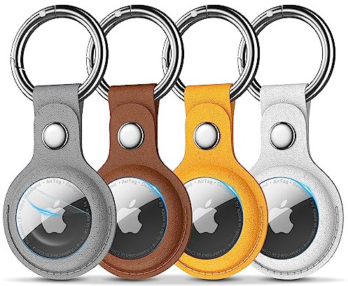 R-fun Airtag Holder avec Porte-clés et Cadenas, [Lot de 4] étui de Protection en Cuir PU AirTag avec Porte-clés pour Portefeuille, Collier de Chien, Bagages et clés -Gris/Blanc/Jaune/Marron