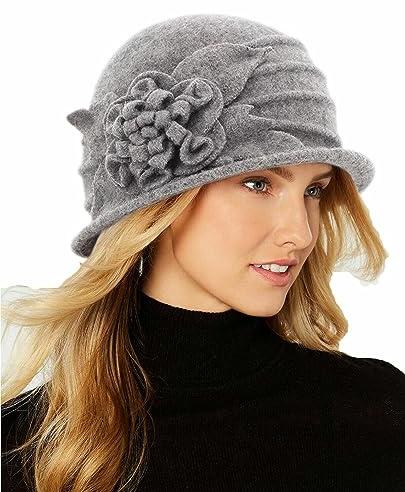 Runde Cloche Hut für Frauen Vintage Wolle 1920er Jahre Cloche Wintermütze, GRAU, Medium
