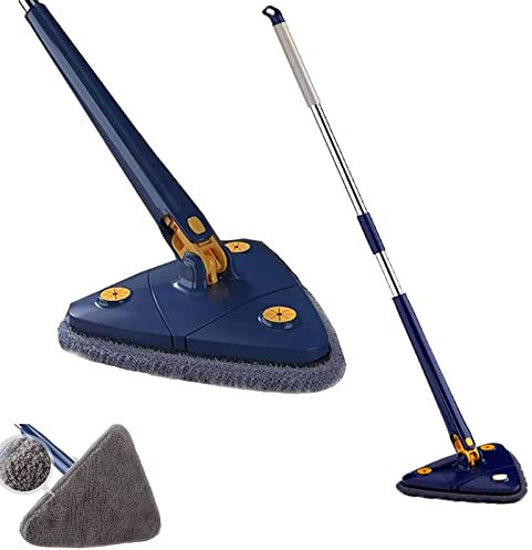 GOFOHIMI Mocio Triangolare telescopico Girevole a 360 Gradi e Regolabile,Mop in Microfibra a Manico Lungo per la Pulizia con spremitura Automatica dell'Acqua(Triangolo Blu Mop (1 Panno))