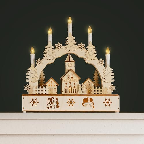 Marco Paul Wooden Christmas Candle Bridge with Village Scene - 5 LED Warm White Candles Battery Candlebridge for Windowsill, Table or Mantel - Traditional Xmas Candle Arch Indoor Christmas Decorations
