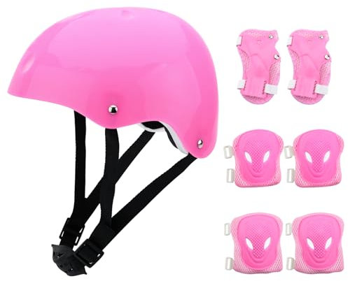 Kids Bike Helmet and Pads Set, Kids Skateboard Helmet Knee and Elbow Pads Wrist Pads 7 in 1 Children Protective Gear Set for Cycling, Roller Skating, Skateboard (pink)