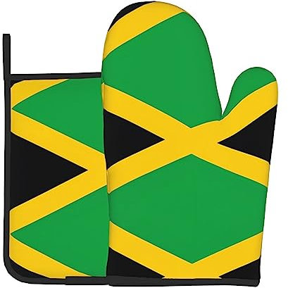 YYHHAOFA Ensemble de gants de cuisine et maniques avec motif drapeau de la Jamaïque : épais et durable, anti-brûlure et isolant thermique