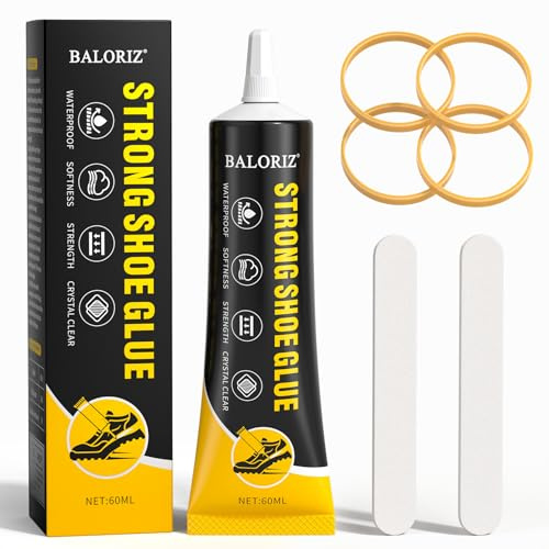 Schuhsohlenreparaturkleber, 60 ml transparenter Schuhkleber mit Schleifstreifen und Gummibändern, durchsichtiger Schuhreparaturkleber zur Reparatur von Sneaker-Schuhen, Kletterschuhen, Stiefeln, Leder