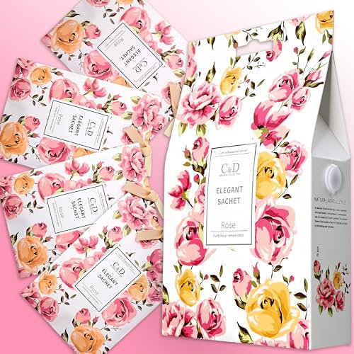 Rose Scented Sachets, Wardrobe Fresheners, Fragrance Bags for Moths, Drawers, Closets, Office, Bedroom, Bathrooms, Living Room, Cars, Sports Bag - Gift Box, 4 Pack