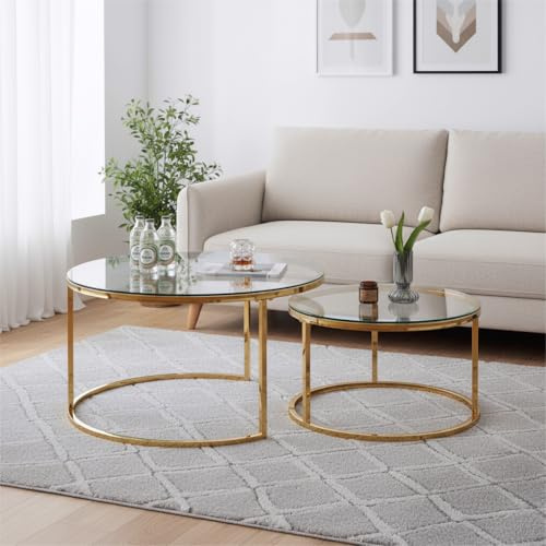 buybyroom Gold Coffee Table Set of 2, Round Coffee Table for Living Room, Nesting Tables, Suitable For Living Room, Bedroom and Balcony, Tempered Glass Tabletop, Golden Frosted Iron Frame, Gold