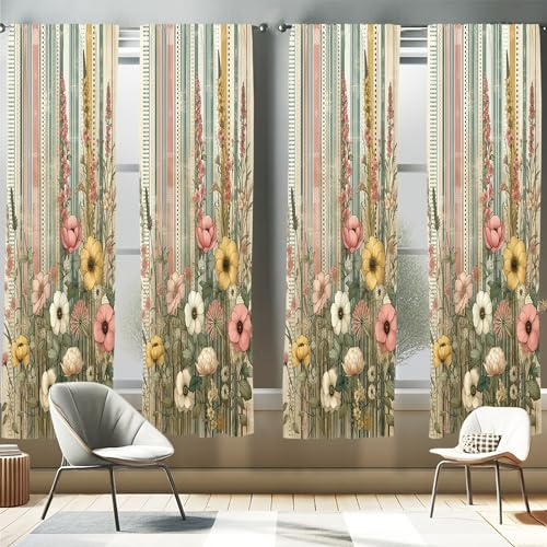 ABAKUHAUS Floral Juego de 4 Paños Cortinas, Flores botánicas Vintage, Tratamiento de Ventana para Habitación y Dormitorio, 4 Piezas de 75 cm x 175 cm, Beige Reseda Verde Vergüenza Rubor