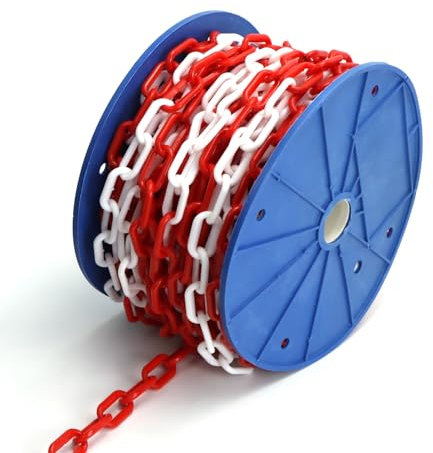 QWORK® Cadena de barrera de 25 m de plástico rojo/blanco de 6 mm, para control de cantidad, tráfico y colas