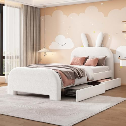 KOMHTOM 90x200cm Lit Simple Rembourré avec 2 Tiroirs de Rangement, Cadre de Lit Plateforme avec Tête de lit en Forme de Lapin, Moderne, Chambre à Coucher(sans Matelas) (Blanc)