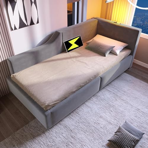 Lcoho Polsterbett Tagesbett Daybett, Schlafsofa mit hydraulischem Stauraum, Leselichtfunktion und USB-C-Ladefunktion, Kinderbett Jugendbett Bettgestell mit Lattenrost aus Holz, Samt, 90x190cm