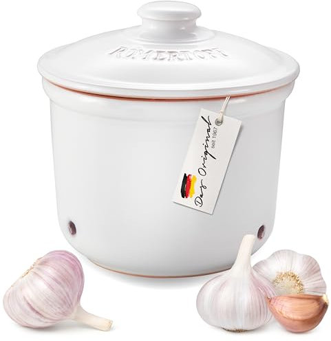 Romertopf Frische-Topf MINI 0,6 Liter - Knoblauchtopf Keramik - Atmungsaktiver Ton hält Gemüse länger Frisch - Ideale Luftzirkulation - Weiß