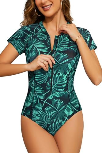 SHEKINI Women's Short Sleeve Rash Guard Swim Shirts UV Protection Zipper Surfing One Piece Swimsuit UPF 50, Grey Green Leaves, XXL