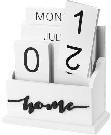 Modixun Wooden Block Perpetual Calendar for Desk, Wood Desktop Month Week Date Display, Rustic Farmhouse Aesthetic Boho Desk Accessories for Home Office Decor (White)