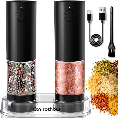 Etnirothbw Automatic Pepper Mills, Electric Salt and Pepper Grinder Set Rechargeable, 2 Pack Black with a Storage Base, 95ml-Washable Container, 5 Adjustable Coarseness Levels, LED Light, USB Charging