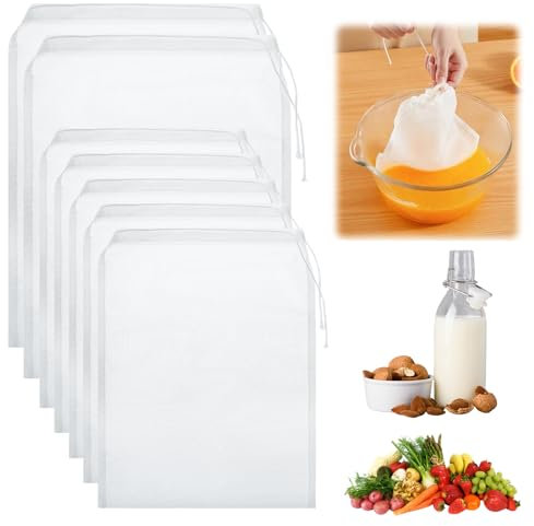 NVGVUP 7 Stück Nussmilchbeutel, Passiertuch Wiederverwendbar, 2 Größen Nylon Filterbeutel mit Kordelzug für Käse Kaffee Fruchtsaft Joghurt Gemüsesaft(20 × 30 cm, 30 × 45 cm)