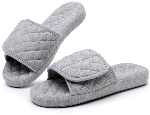 MISSRAIN Women’s Diabetic Arch Support Slippers, Open Toe Adjustable Slip-on House Shoes, Rubber Sole Flat Slippers for Indoor Outdoor (Gray, Adult, Women, 7, Numeric, UK Footwear Size System, Wide)