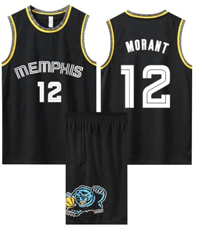 ABRTJCL Maillot Basketball Enfant/Adulte 2 Pièces, Maillot Basket Ja Morant, Ensemble Basket Homme/Garçon, Noir L (14-15 ans), Polyester, Sans manche, Printemps-Été 23