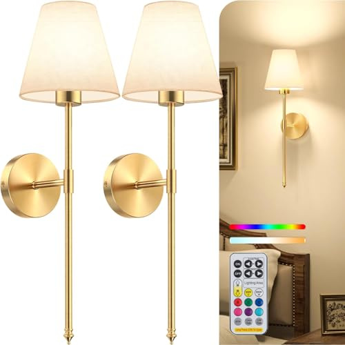 Battery Operated Wall Lights Set of 2, Wireless Wall Sconces with Remote and Dimmable Bulbs, 9 Colors Battery Powered Wall Lights, Rechargeable Wall Lamps for Bedroom Living Room(Gold)