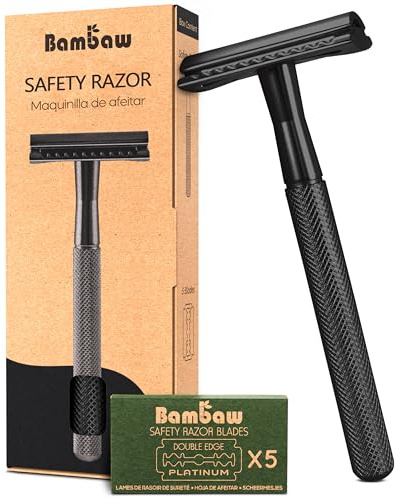 Bambaw Rasoir de Sécurité en Métal Noir avec 5 Lames, Rasoir de Sûreté Homme à Barbe, Rasage Manuel Zéro Déchet, Réutilisable, Précis et Durable - Noir