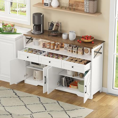DRIXNO Buffet-Anrichte 140cm mit Stauraum, Kaffeebar mit 3 Schubladen, Konsole im Landhausstil mit Türen, Schränke mit Einlegeböden, Rustikaler Stil Weiß/Braun