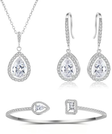 Glintara Hochzeit Schmuckset für Damen, 3 Stück Braut Schmuck Set mit Weiß Tropfen Zirkonia, Halskette mit Wassertropfen Anhänger & Haken Ohrhänger & Armband, Diamant Brautschmuck Set für Hochzeit