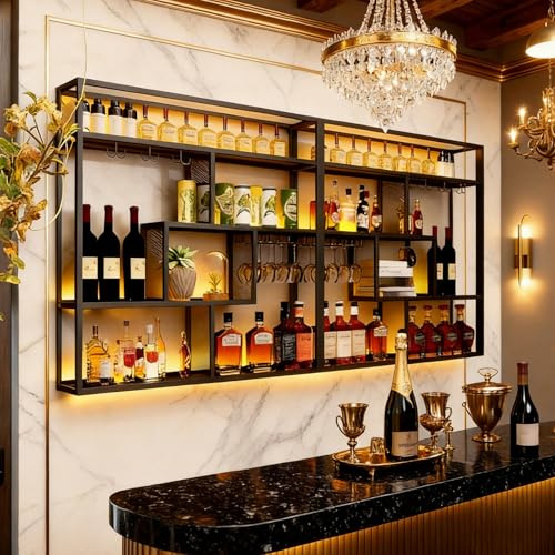 120cm Portabottiglie da Parete, 4 Livelli Grande Portabottiglie in Metallo da Parete con Supporto in vetro ,Multifunzione Industriale Espositore di vino a parete (nero, 4 livelli, Sinistra, 120cm)