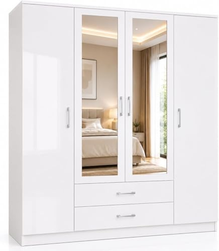 URBAN FURNISHING 4 Door Wardrobe with Mirror and Drawers | High Gloss MDF Mirrored Wardrobe for Bedroom | Double Wardrobe with 2 Drawer & 10 Shelves | White 180cm