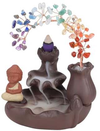 CrystalTears Keramik Räucherstäbchen Halter Wasserfall mit Buddha Figur 7 Chakra Kristallbaum Weihrauchbrenner Zimmer Deko