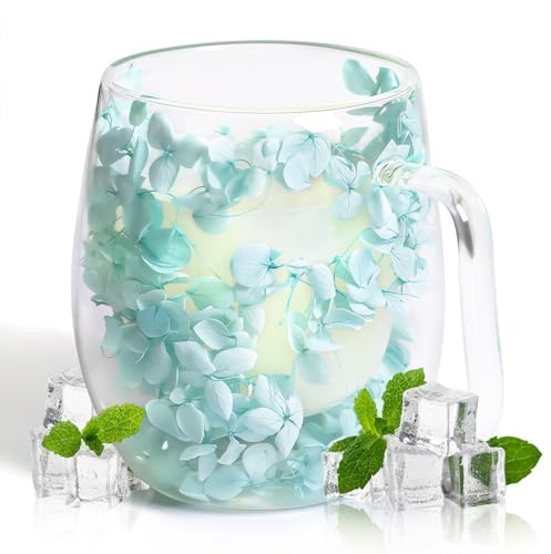 AWSOLAR Tasse a Cafe Double Paroi 350ml, Tasse en Verre avec Fleurs Séchées, Tasses à Chocolat Chaud Cadeaux pour Femmes, Mères, Epouses, Enseignantes, Amies
