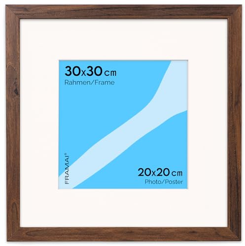 FRAMAI® Bilderrahmen 30x30 cm in Braun – mit Passepartout – MDF Holzrahmen, bruchsicheres Plexi, umweltfreundlich, mit Aufhängung & Ständer – Hochformat & Querformat
