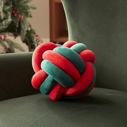 Sonvie Knot Ball Pillow Decorative Knotted Cushion,22cm diametre red+green | Soft Round Throw Pillow Decorative for Couch, Sofa, Bedroom, Living Room