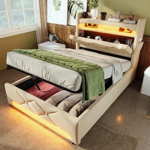 Gxffipw Polsterbett Jugendbett 90x200 cm mit USB Port und LED Licht, Hydraulisches Bett mit Stauraum und Stauraum Kopfteil, Einzelbett Bettgestell mit Lattenrost, Leinen, Beige, Ohne Matratze