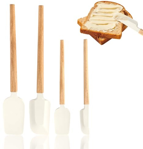 Silicone Spatula Set, 4 Pcs Baking Spatula with Wood Handle Heat Resistant Silicone Kitchen Baking Utensils Non Stick Rubber Spatulas for Cooking Mixing Scraping