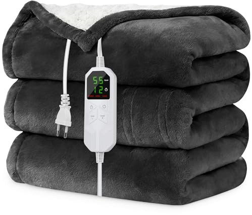 Netraty Heizdecke Mit Abschaltautomatik 130x180CM, Wärmedecke mit 8 Heizstufen & 1-12 Stunden Auto-Off-Timer Überhitzungsschutz, Maschinenwaschbar Flanell-Sherpa Wärme Decke für Home & Office, Grau