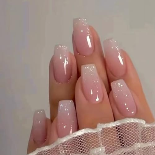 24 Stück Press-On Nägel Kurz Eckig – Rosa Blau French Tips | Full Cover Kunstnägel mit Klebepads | Sommer Look | Künstliche Fingernägel für Damen & Mädchen (Rosa W1219)