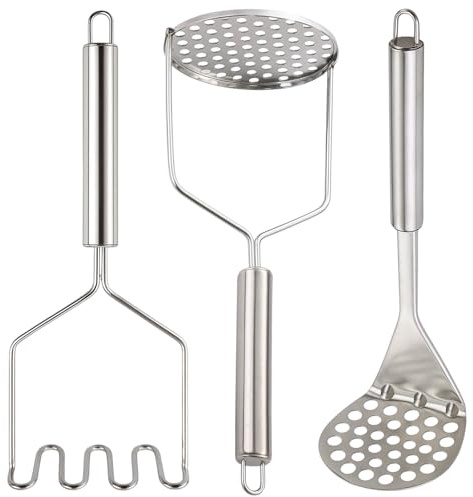 3-Piece Stainless Steel Potato Masher Set, Potato Ricer Masher for Mashed Potatoes, Vegetables, Baby Food, and Meat, Durable Kitchen Tools with Ergonomic Handles