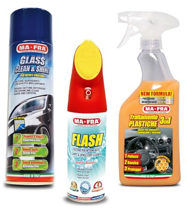 Ma-Fra Kit Pulizia Interni e Vetri, Flash Pulitore a Secco 400 ml + Glass Clean & Shine 500 ml + Trattamento 3in1 Plastiche 500 ml, Odor Stop, Anti UV, No Aloni, Ideale per Sedili, Cruscotti e Vetri