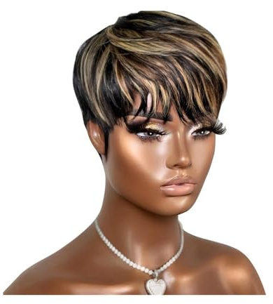 Pelucas de pelo Peluca corta de cabello humano, hecha a máquina, con corte pixie corto y flequillo