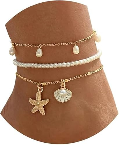 EKKONG Chevilles à Coquillage,Bracelets de Cheville en Perles pour Femmes, Bracelet Cheville Coquillage Ensemble de Bijoux d'Été Hawaïen (Blanc D)