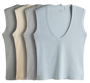 THE SET Donne Confezione da 3 canotte a coste con scollo a V | Adulto, profondo, Standard, Pull On, Lavabile in lavatrice