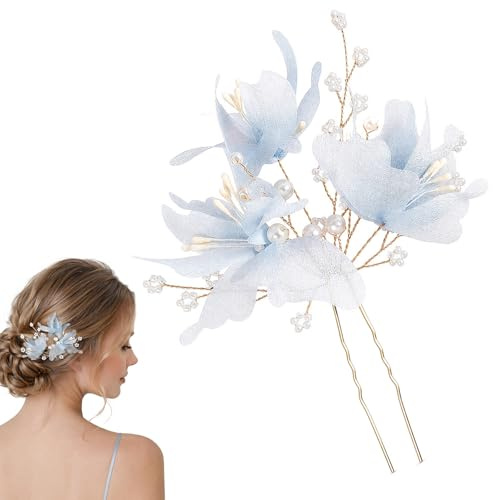 Elegant Blue Floral Pearl Hair Pins for Women – Delicate Crystal Flower Bridal Hair Accessories, Handmade U-Shaped Clips for Bridesmaids, Weddings, Proms & Special Occasions