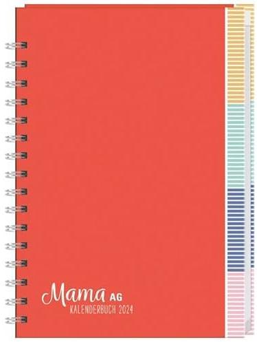 Mama AG Familienplaner-Buch A5 2024. Roter Terminkalender mit 5 Spalten, Registerblätter und Schulferien. Buchkalender für die Familie. Familienkalender 2024.