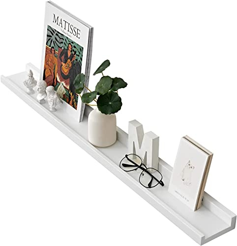 Gieanoo Wandregal Weiß, 90CM Bilderleiste Weiss massives Eichenholz Regal weiß Schweberegal für Fotorahmen und Dekos für Schlafzimmer, Küche, Arbeitszimmer