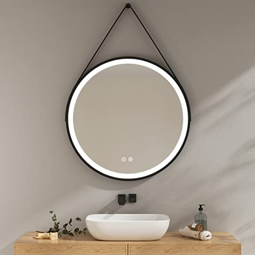 EMKE Badspiegel mit Beleuchtung rund 80cm, 3 Lichtfarbe dimmbar | Badezimmerspiegel mit schwarzer Rahmen, Speicherfunktion, Touch-Schalter, 3 Stunden Auto-Abschaltung wandspiegel