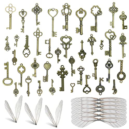 Sweieoni Vintage Schlüssel Deko Antiken Anhänger Set 40 Stück Deko Schlüssel Retro Anhänger mit Libellen Flügel Charm Set Vintage Schlüssel Antik Schlüsseln für DIY, Antikbronze, ca. 1,5-5 cm