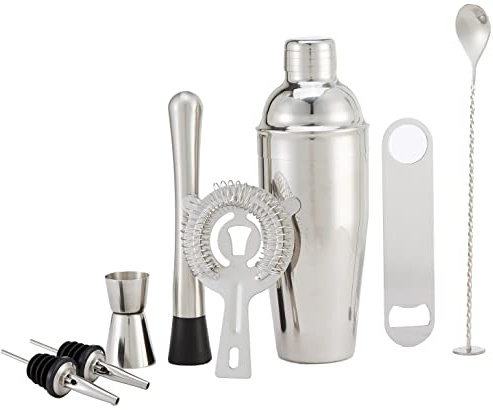 Amazon Basics juego de herramientas de bar de 8 piezas de acero inoxidable con coctelera de 710 ml, cuchara mezcladora, Jigger
